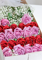 24 Lavender & Red Roses with Baby's Breath in a Box - Toronto Flower Gallery