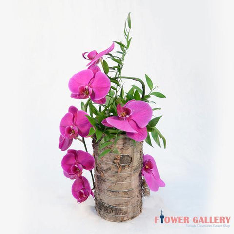ORCHID DESIGN IN WOOD POT