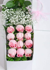 12 Pink Rose with Baby's Breath in a Box - Toronto Flower Gallery