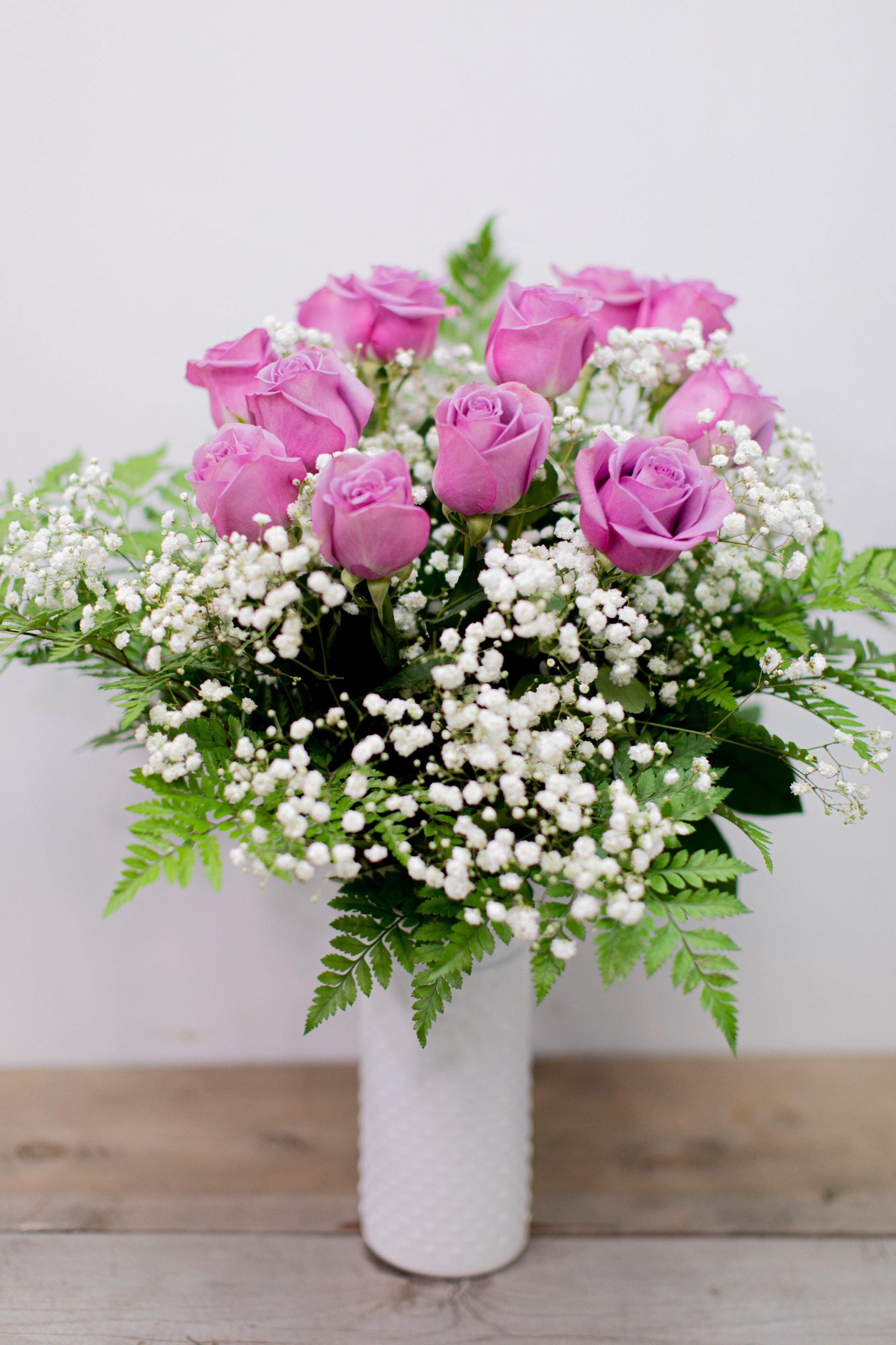 12 Lavender Roses with Baby's Breath - Toronto Flower Gallery