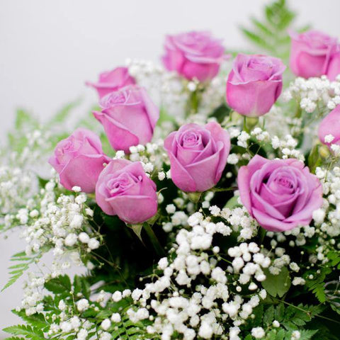 12 Lavender Roses with Baby's Breath