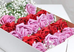 24 Lavender & Red Roses with Baby's Breath in a Box - Toronto Flower Gallery